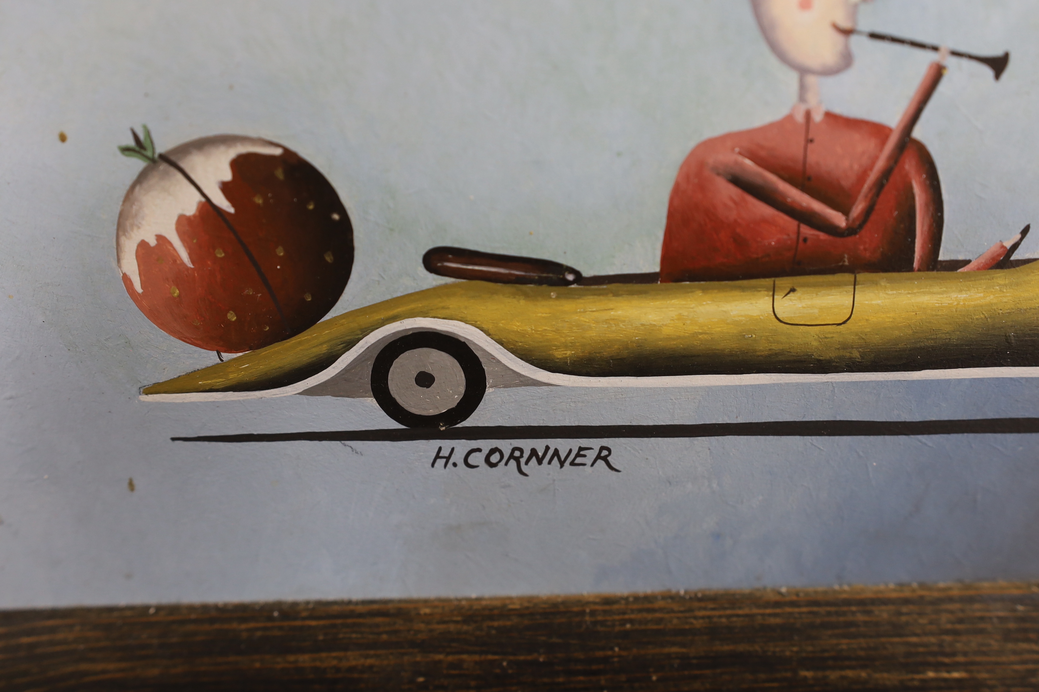 Haydn Cornner (b. 1961), oil on board, Surreal composition, cars and figures before buildings, signed, 53cm x 38cm